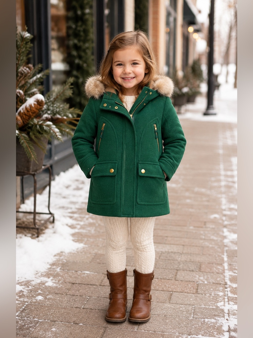 Crew Crewcuts Girls Green Wool Blend Faux Fur Hooded Chateau Coat 4-5